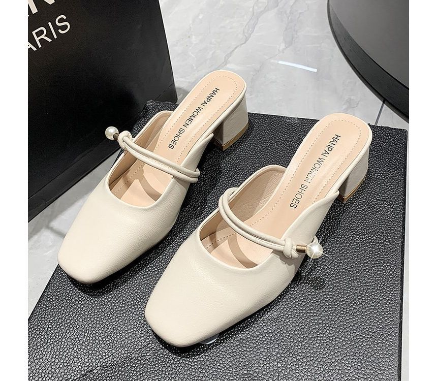 Faux Pearl Chunky Heel Mules - Plain