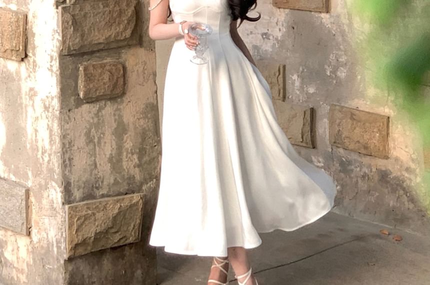 Rhinestone Satin Midi A-Line Dress with Thin Straps