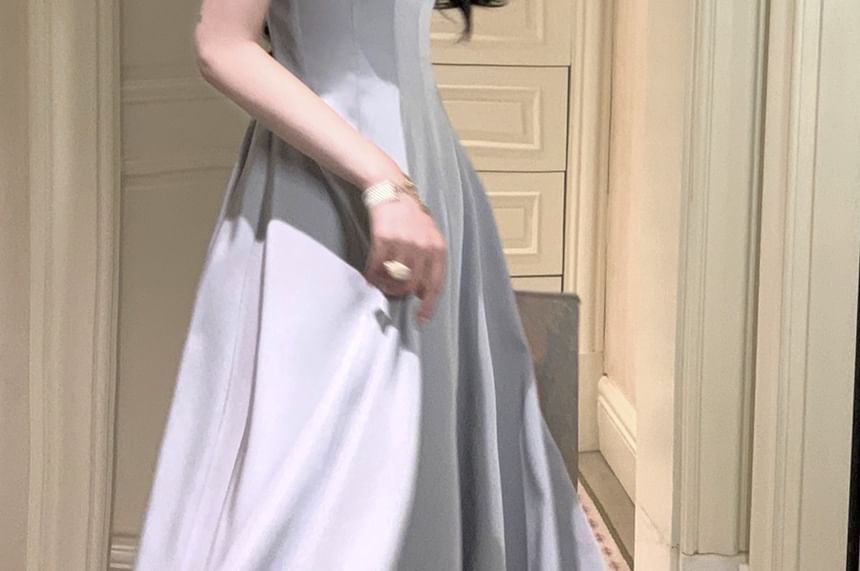 Rhinestone Satin Midi A-Line Dress with Thin Straps