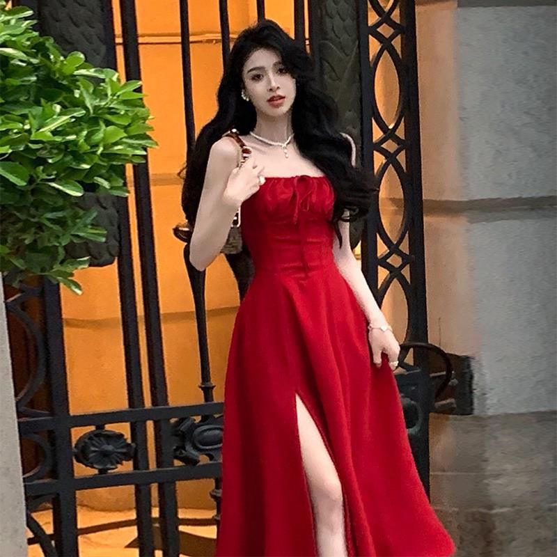 Square Neck Slit Midi A-Line Dress with Thin Straps
