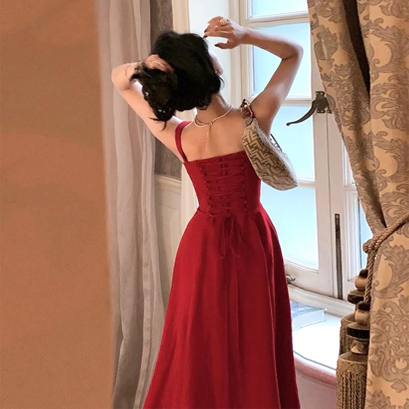 Square Neck Slit Midi A-Line Dress with Thin Straps