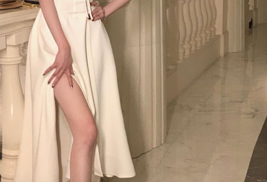 Square Neck Slit Midi A-Line Dress with Thin Straps