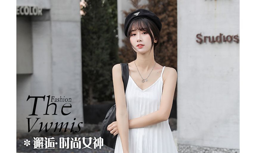 Accordion Pleat Midi A-Line Dress with Thin Straps
