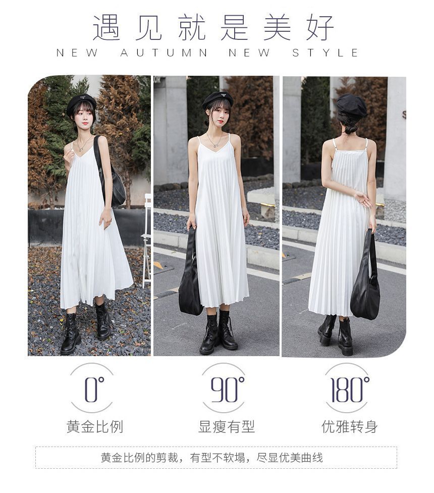 Accordion Pleat Midi A-Line Dress with Thin Straps