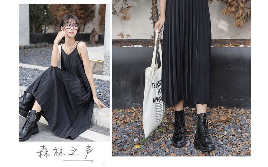 Accordion Pleat Midi A-Line Dress with Thin Straps