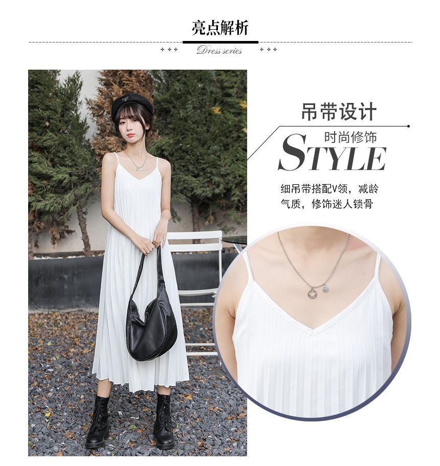 Accordion Pleat Midi A-Line Dress with Thin Straps