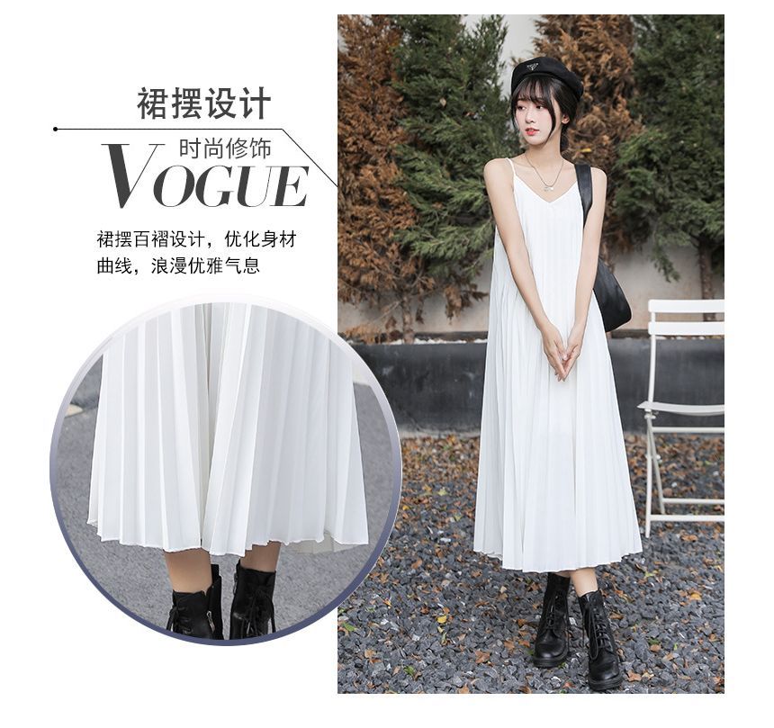 Accordion Pleat Midi A-Line Dress with Thin Straps