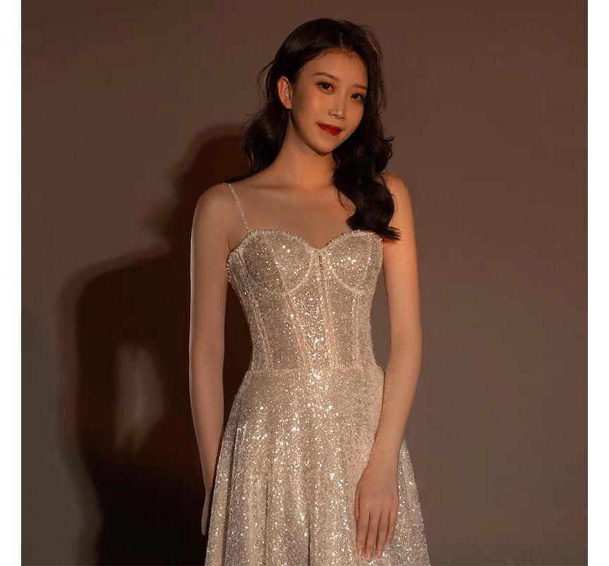 Sweetheart Neckline Glitter Trained A-Line Evening Gown
