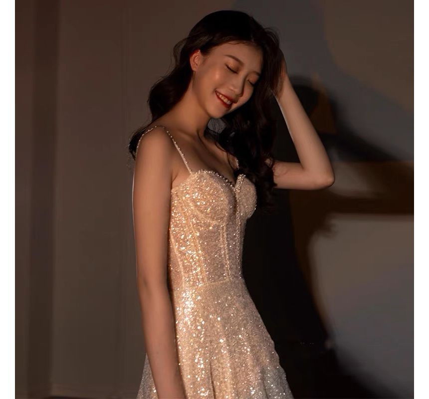 Sweetheart Neckline Glitter Trained A-Line Evening Gown