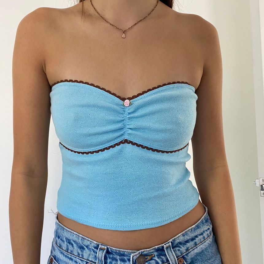 Contrast Lace Trim Pointelle Tube Top