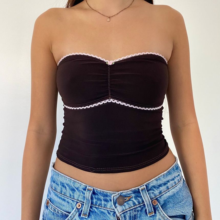 Contrast Lace Trim Pointelle Tube Top