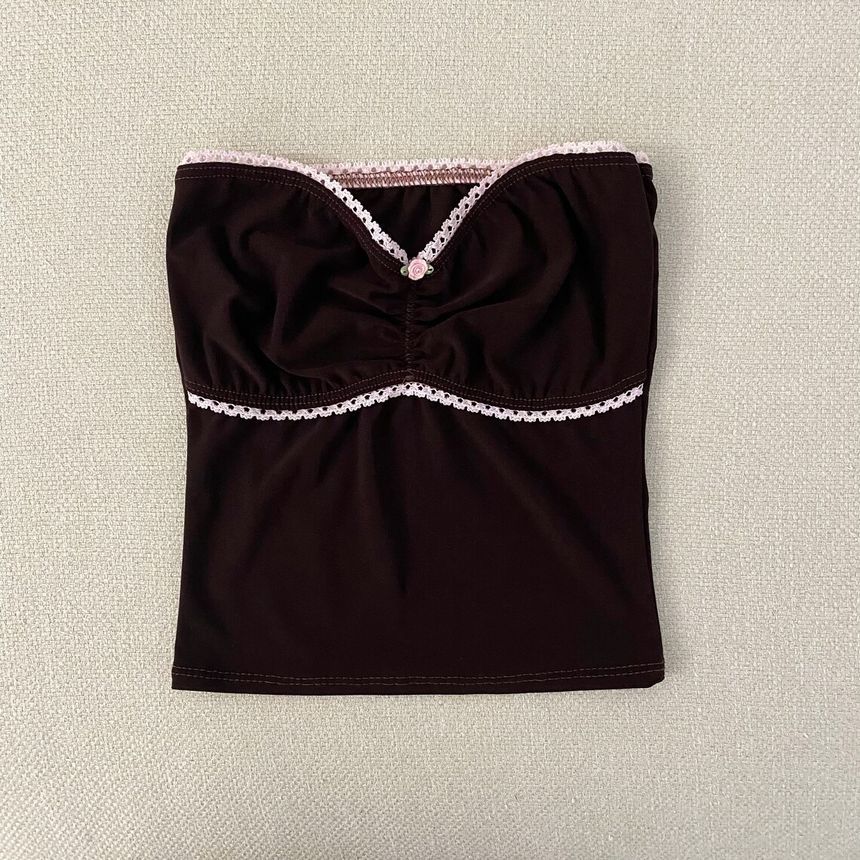 Contrast Lace Trim Pointelle Tube Top