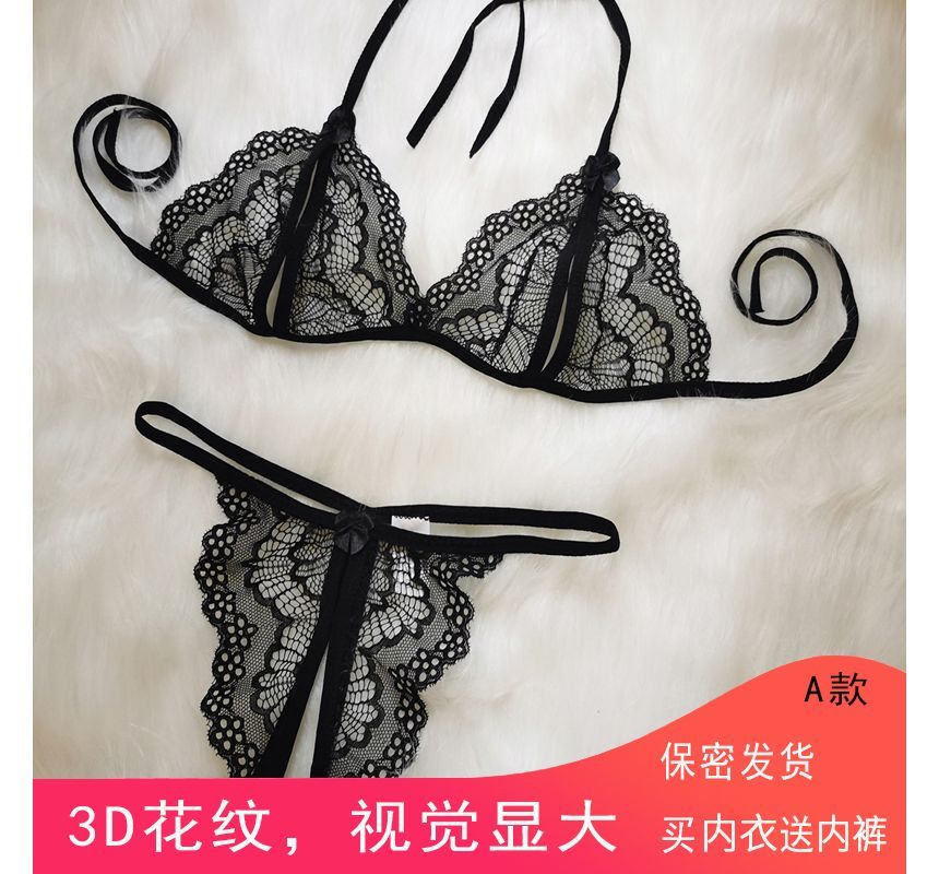 Halter Lace Bralette with Crotchless Thong Set