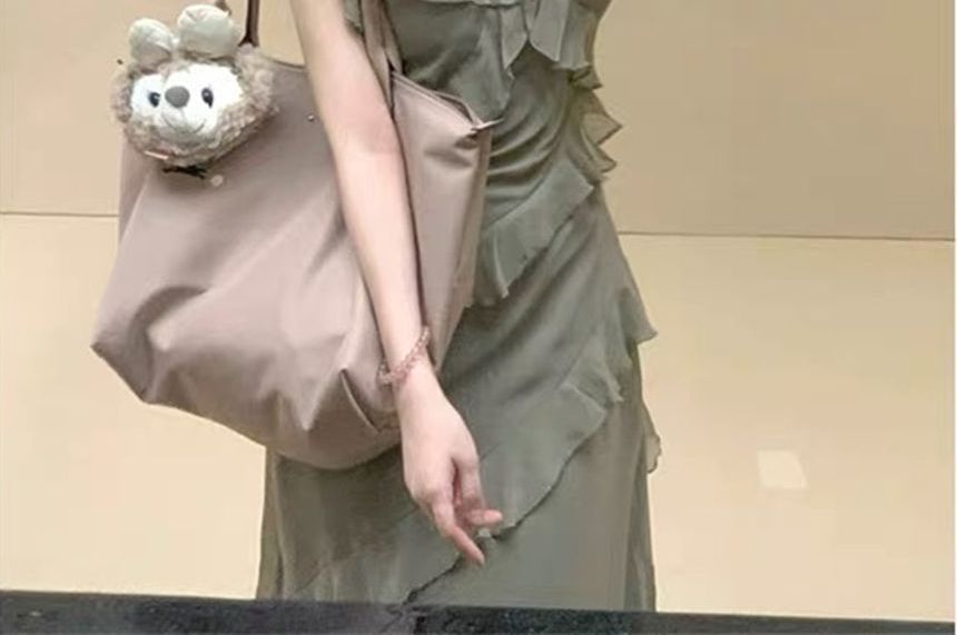 Ruffle Trim Midi A-Line Dress with Thin Straps