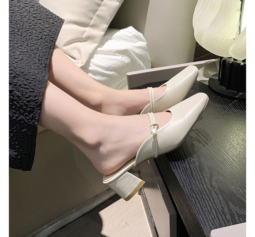 Faux Pearl Chunky Heel Mules - Elegant