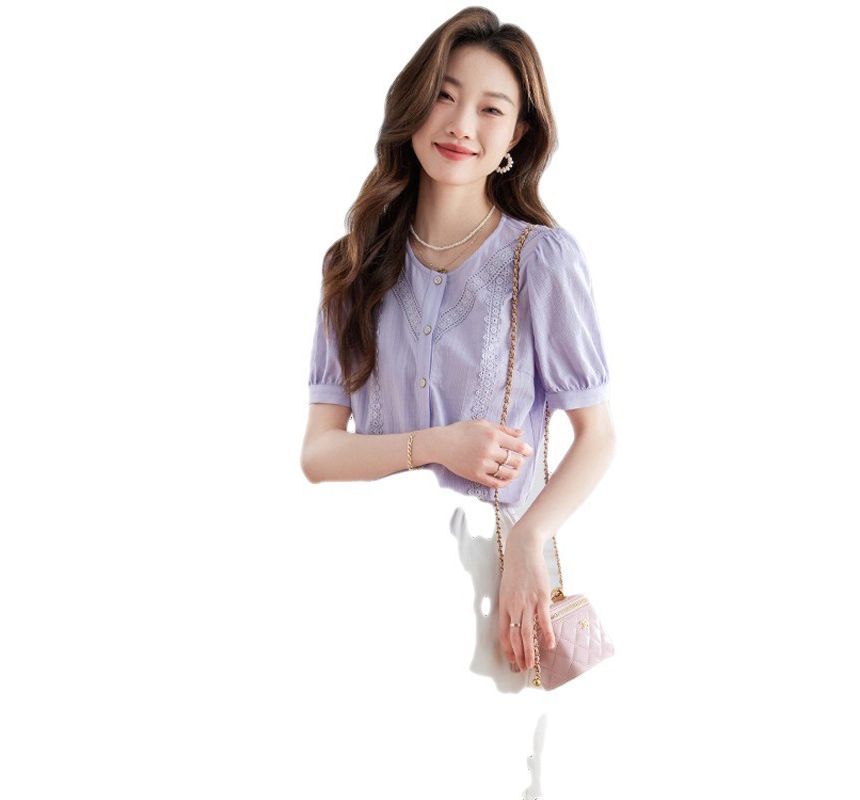 Round Neck Lace Panel Short Sleeve Blouse