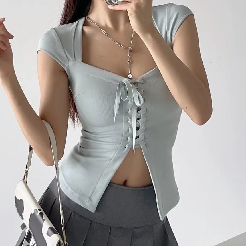 Short Sleeve Square Neck Lace-Up Fitted Crop Top