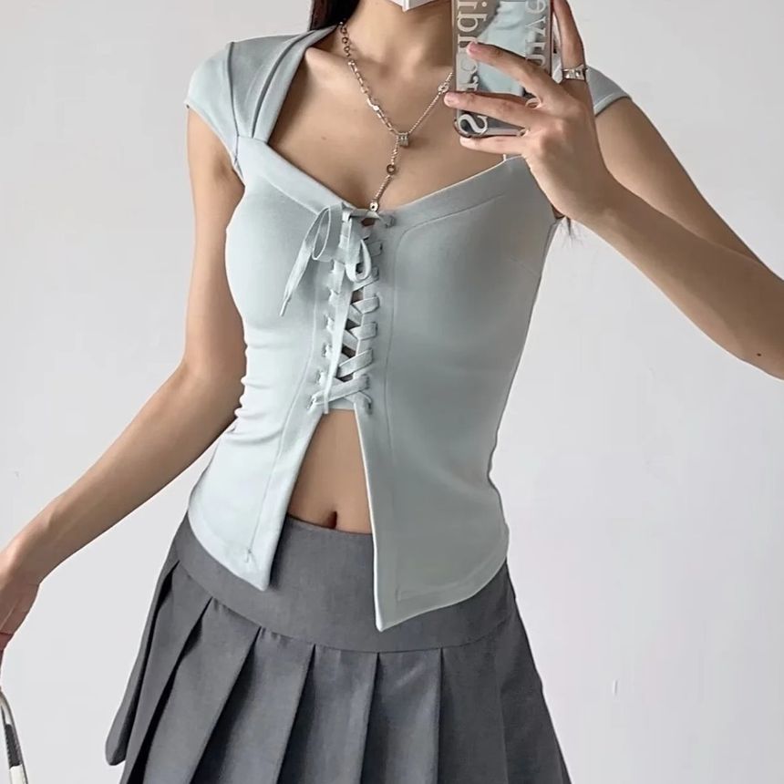Short Sleeve Square Neck Lace-Up Fitted Crop Top