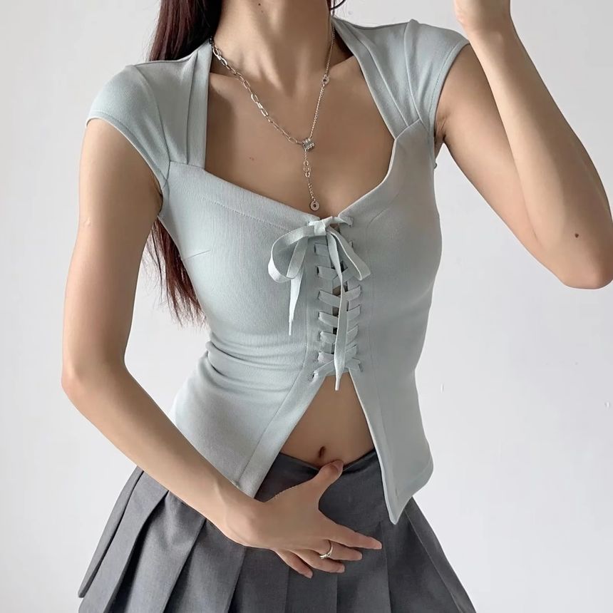 Short Sleeve Square Neck Lace-Up Fitted Crop Top