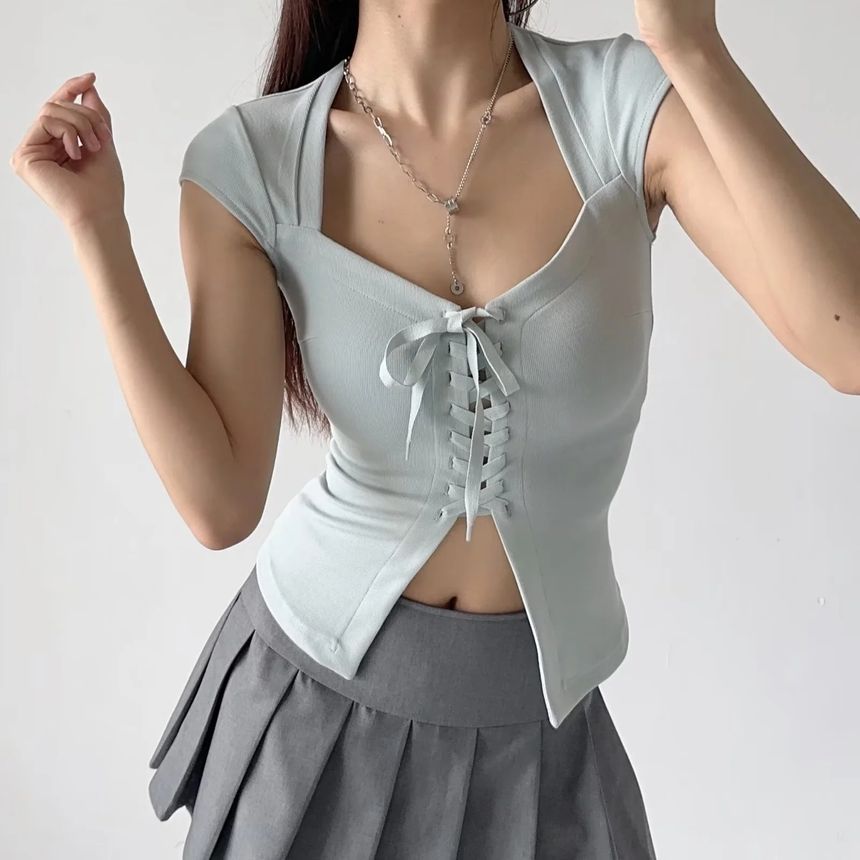 Short Sleeve Square Neck Lace-Up Fitted Crop Top