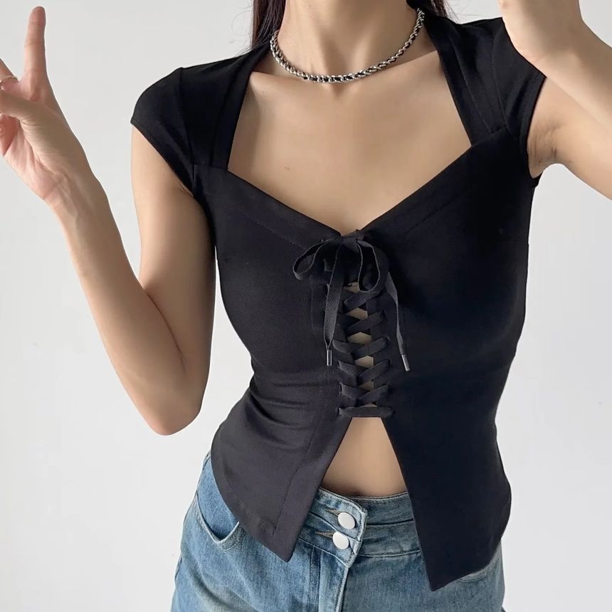 Short Sleeve Square Neck Lace-Up Fitted Crop Top