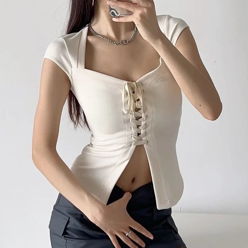 Short Sleeve Square Neck Lace-Up Fitted Crop Top