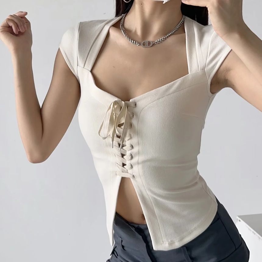 Short Sleeve Square Neck Lace-Up Fitted Crop Top