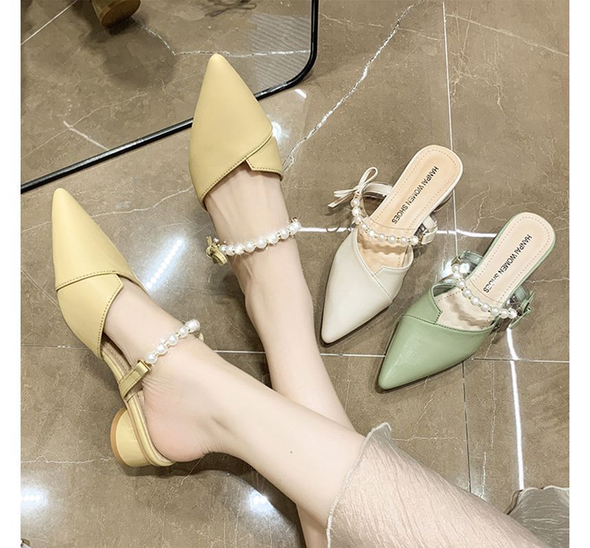 Low Heel Faux Pearl Strap Mules - Dainty