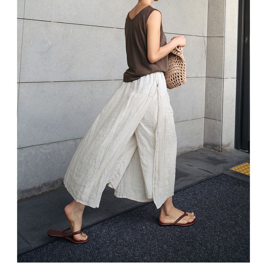 Elastic Waist Slit Midi Skirt with Mock Two-Piece Look