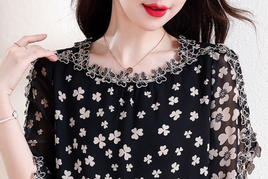 Elbow Sleeve V-Neck Lace Blouse