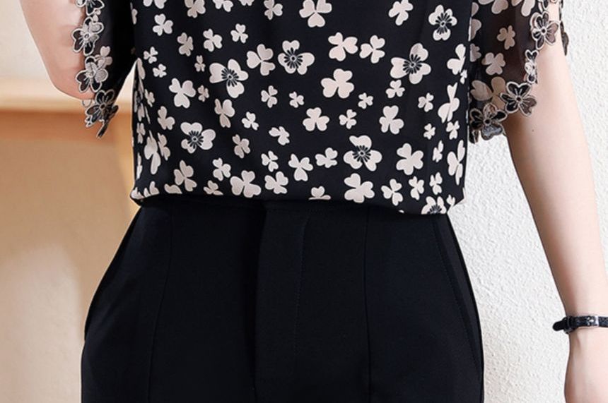 Elbow Sleeve V-Neck Lace Blouse