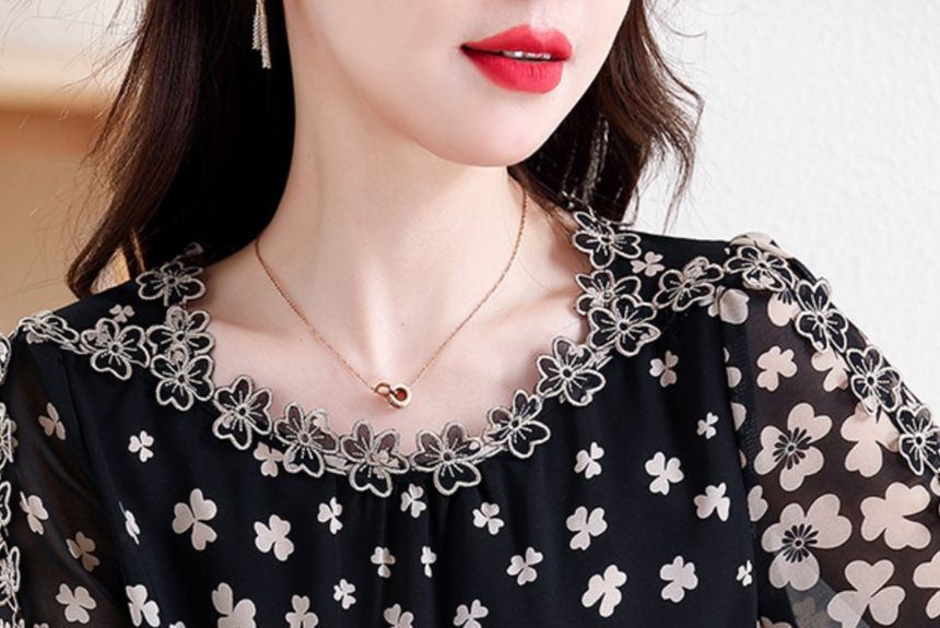 Elbow Sleeve V-Neck Lace Blouse