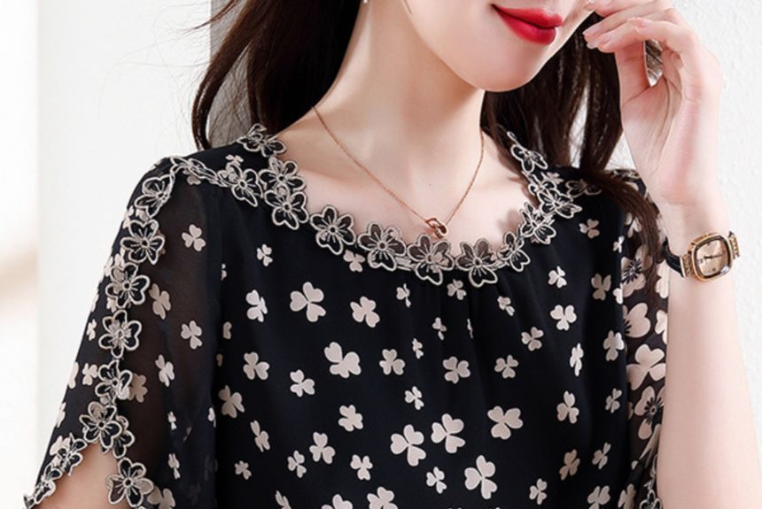 Elbow Sleeve V-Neck Lace Blouse
