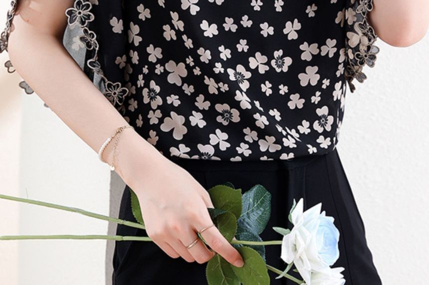 Elbow Sleeve V-Neck Lace Blouse