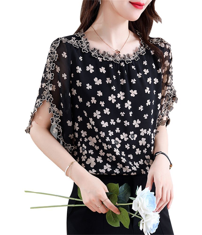 Elbow Sleeve V-Neck Lace Blouse