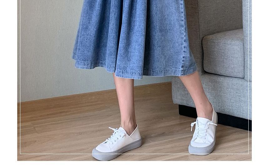 Elevated Waist Washed Denim A-Line Midi Skirt