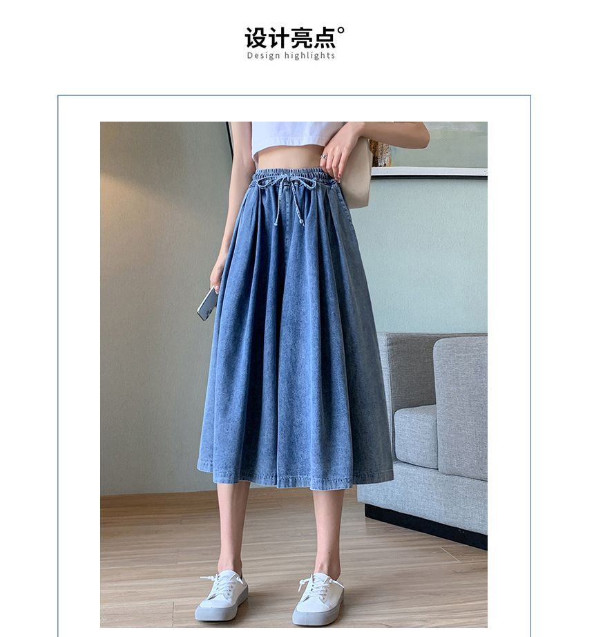 Elevated Waist Washed Denim A-Line Midi Skirt