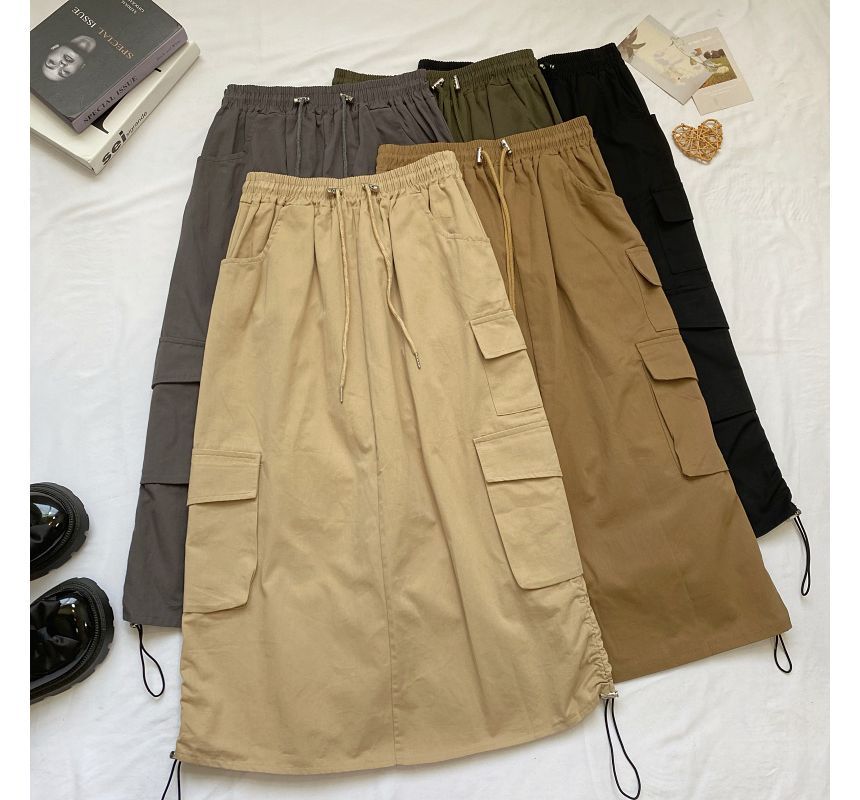 Elevated Waist Solid Cargo A-Line Midi Skirt