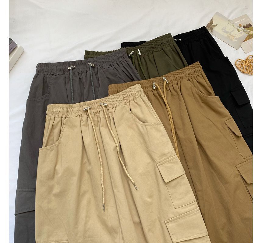 Elevated Waist Solid Cargo A-Line Midi Skirt