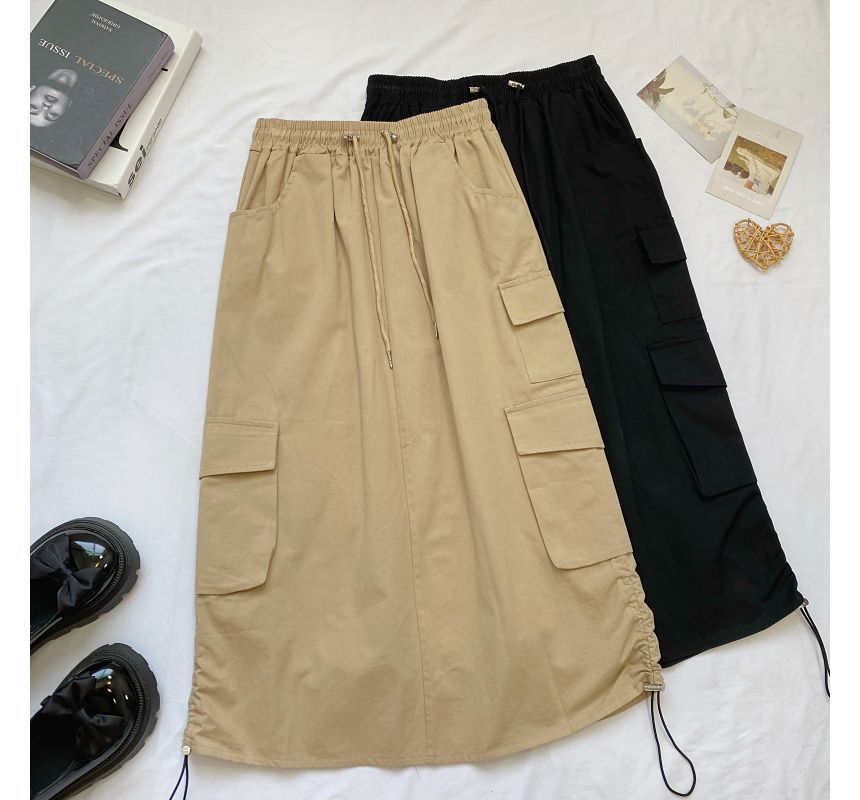 Elevated Waist Solid Cargo A-Line Midi Skirt