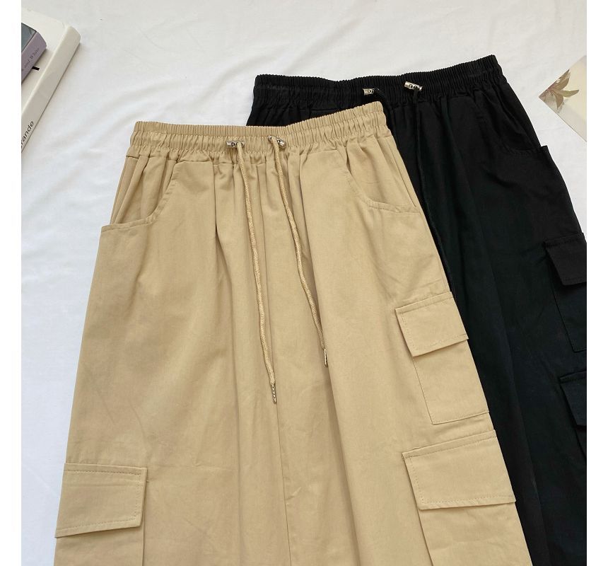Elevated Waist Solid Cargo A-Line Midi Skirt