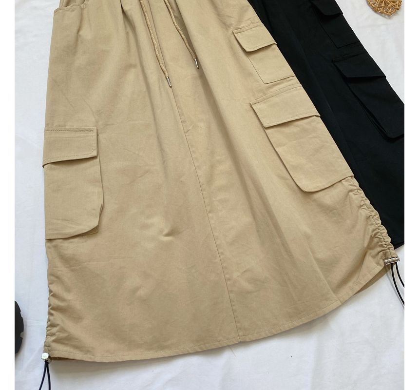 Elevated Waist Solid Cargo A-Line Midi Skirt