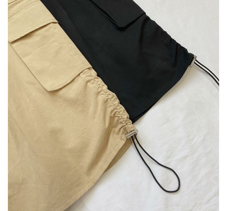 Elevated Waist Solid Cargo A-Line Midi Skirt