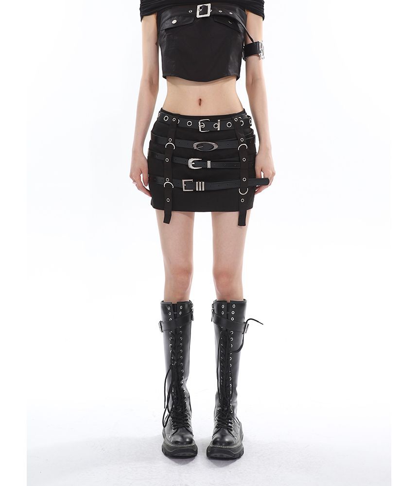 Low Rise Belted Pencil Mini Skirt