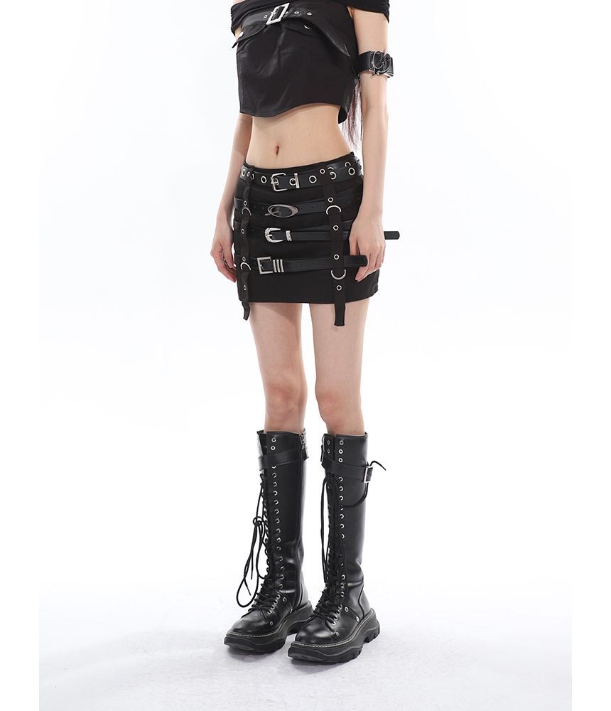 Low Rise Belted Pencil Mini Skirt