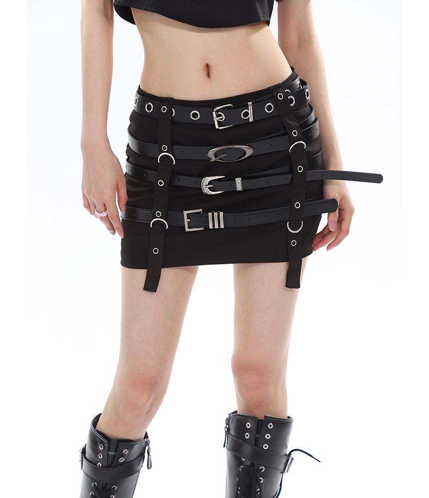 Low Rise Belted Pencil Mini Skirt