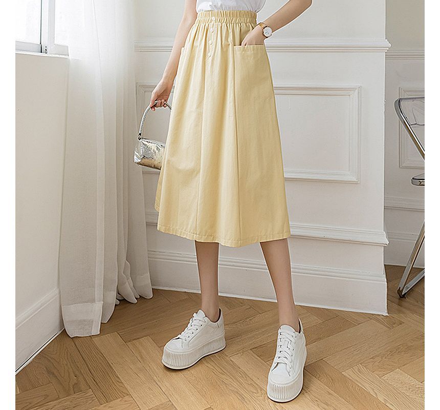 Elastic Waist Solid Button Pocket A-Line Midi Skirt