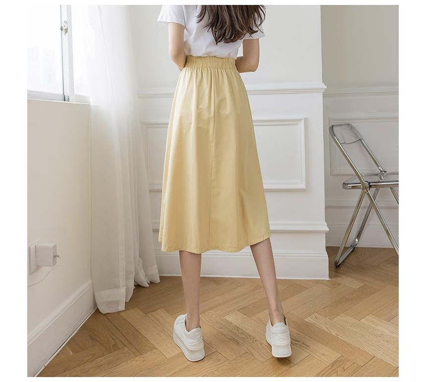 Elastic Waist Solid Button Pocket A-Line Midi Skirt