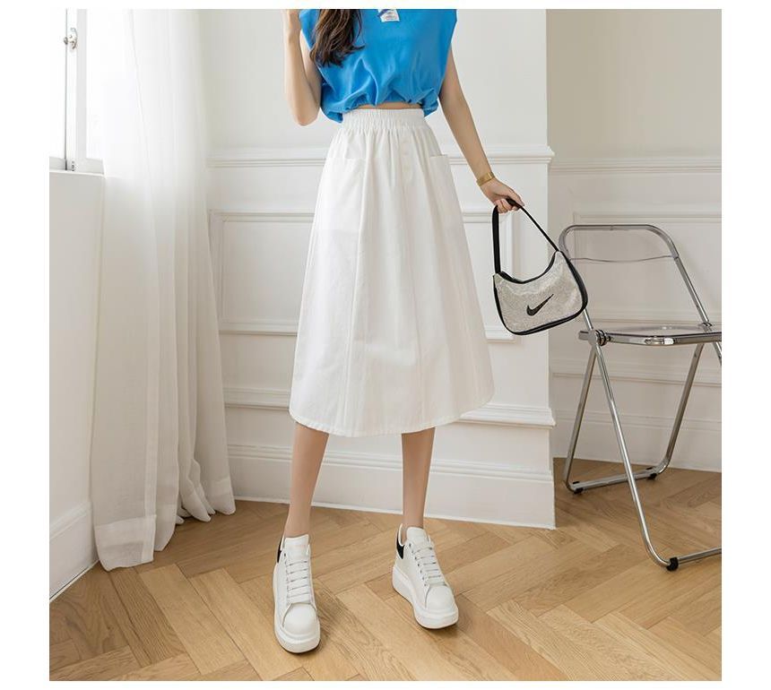 Elastic Waist Solid Button Pocket A-Line Midi Skirt