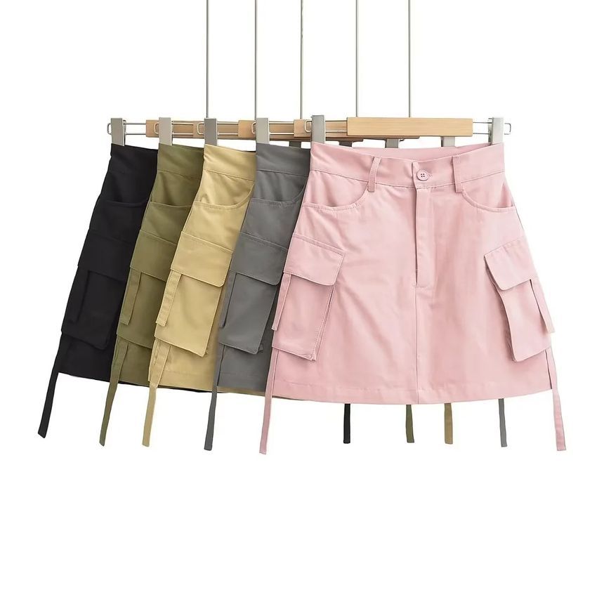 Elevated Rise Solid Pocket Cargo A-Line Mini Skirt